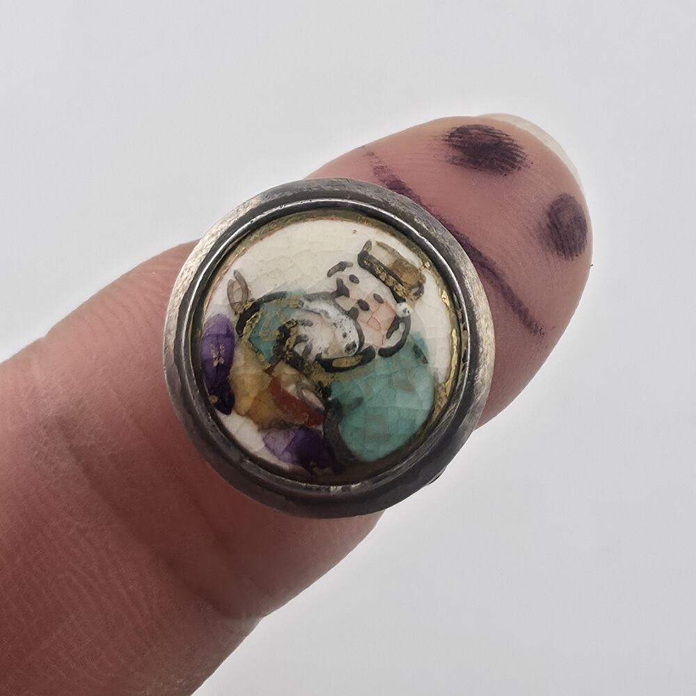 Antique Japanese Satsuma Porcelain Button Ring Sterling Silver Size 5 Jewelry